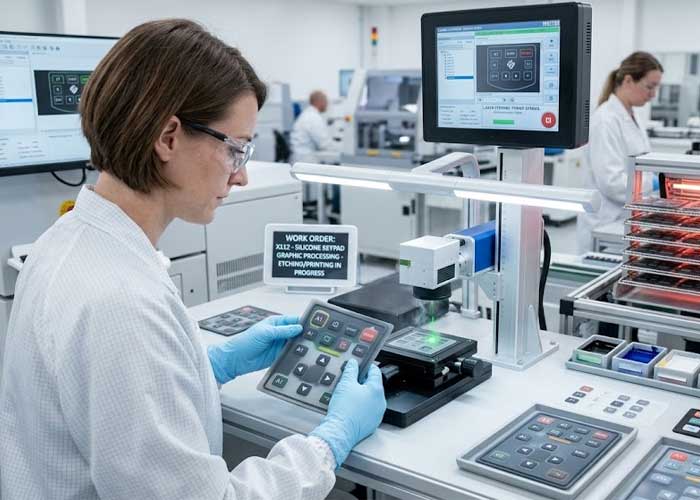 A technician inspects a silicone keypad at a laser etching station next to screen printing supplies and an industrial oven