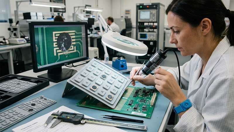 A technician inspects carbon pills on silicone keypads using a digital microscope and PCB testing tools in a quality lab