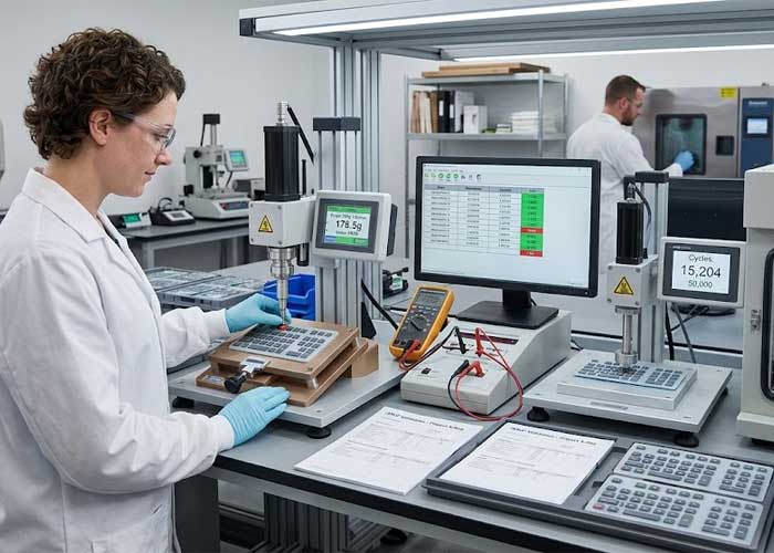A technician uses automated testing equipment to measure contact resistance and key lifecycle durability on a silicone keypad in a lab