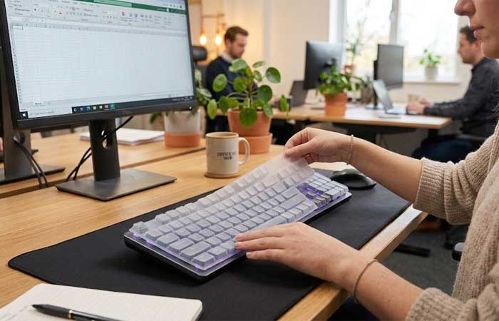 A translucent silicone keyboard cover fully fitted over a desktop computer keyboard on a wooden office desk