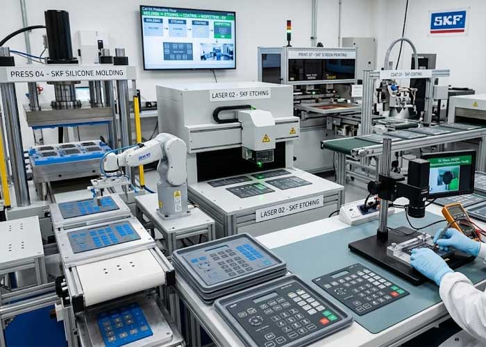 An automated silicone keypad production line features molding laser etching and coating stations alongside a quality inspector