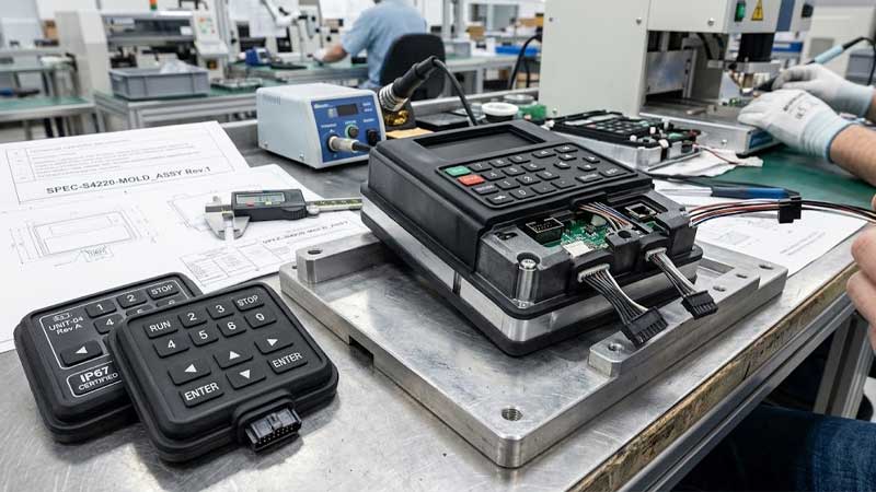 An electronic control housing overmolded with a silicone keypad on a factory workbench beside IP67 waterproof keypads