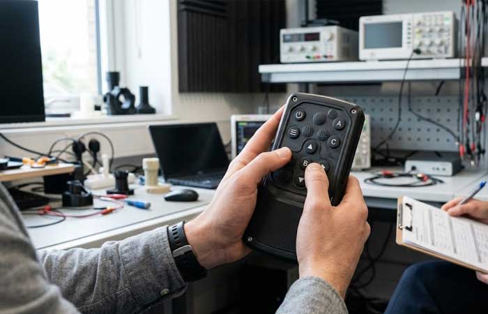 An engineer evaluates user interaction with a handheld prototype featuring an integrated silicone keypad in a laboratory