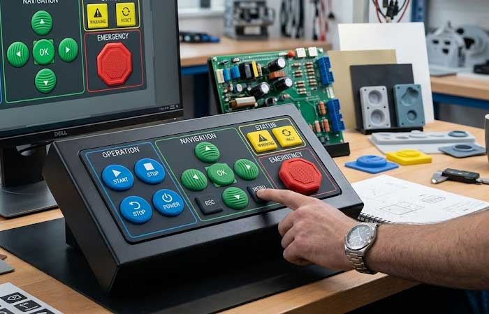 An engineer tests a color coded control panel featuring a custom silicone keypad while reviewing matching UI designs in a workshop