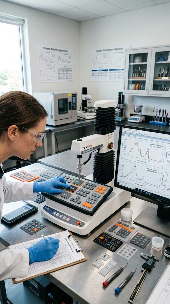 An engineer tests an industrial silicone control panel keypad using a force displacement probe next to actuation curves on a monitor