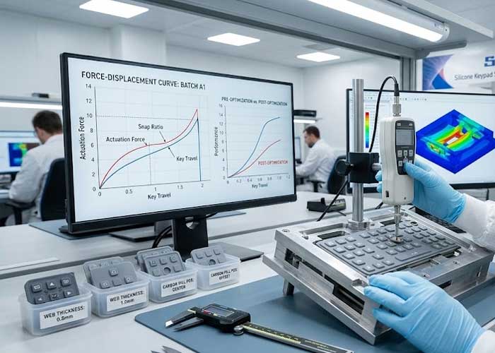 An engineer tests silicone keypad actuation force using a gauge next to a force displacement graph and cross section inset