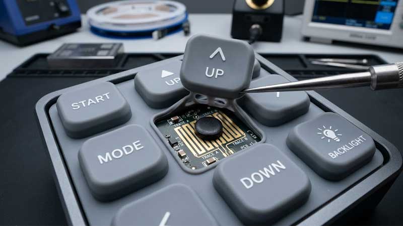 An engineering close up of custom silicone keypads with carbon pills revealing PCB traces beneath a lifted key