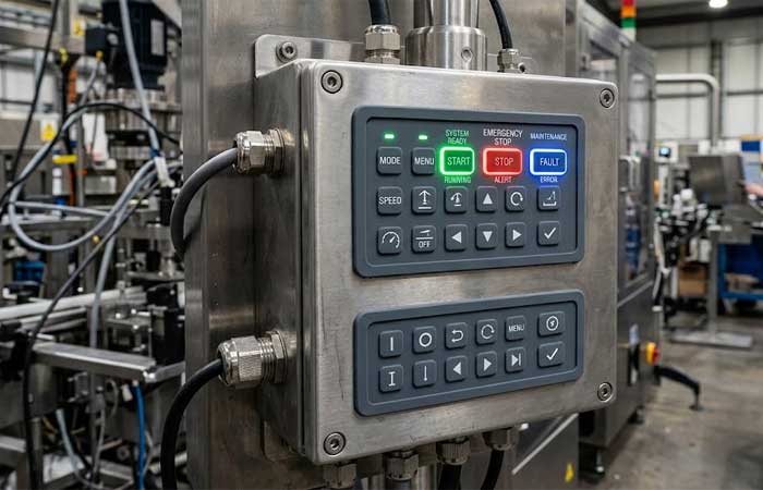 An industrial control panel on heavy machinery featuring custom LED silicone keypads with glowing status lights in a clean factory