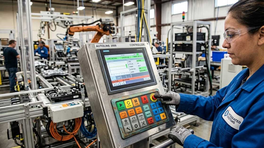 An operator controls an automated production line controller using a colorful Industrial Control Panel Silicone Keypad