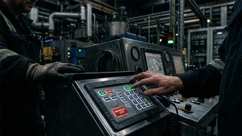 An operator interacts with Backlit Silicone Keypads on a control panel in a dark industrial environment