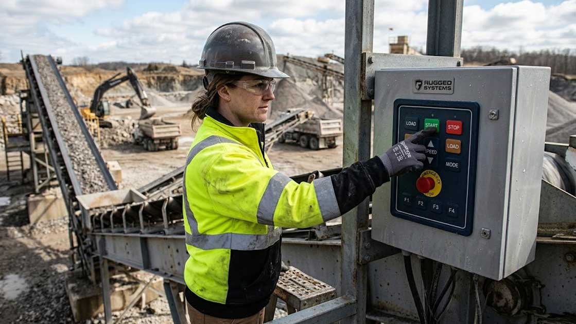 An operator presses a start button on an Outdoor Industrial Control Panel Silicone Keypad at a quarry site