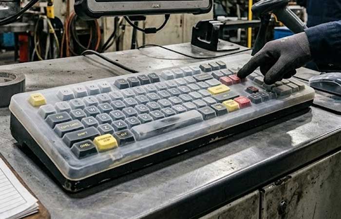 An operator using an industrial keyboard protected by a durable silicone keyboard cover at a factory control station