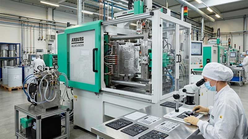 Automated LSR injection molding machine producing custom silicone keypads beside a technician inspecting components