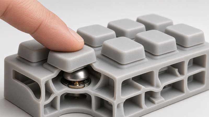 Close up cutaway of POS Terminal Silicone Keypad with finger pressing a key revealing flexible silicone web and metal dome contact