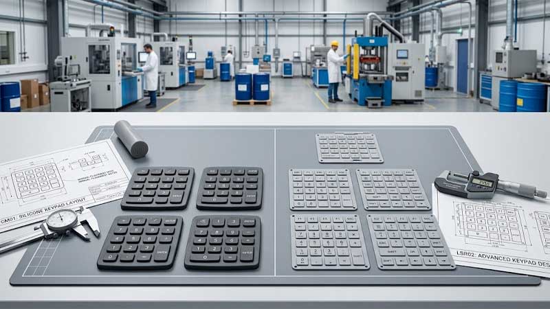 Compression and LSR molded silicone keypads on a workbench with calipers blueprints and factory background