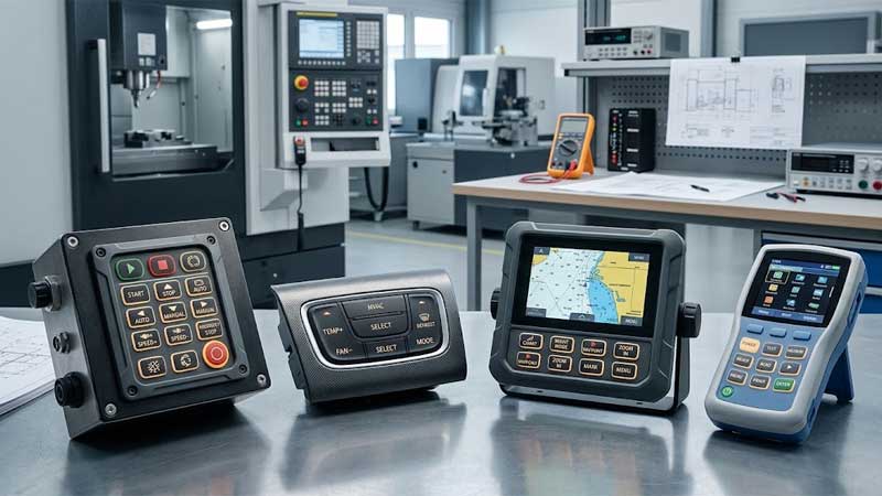 Diverse industrial devices display various practical applications of Backlit Silicone Keypads on a metal workbench