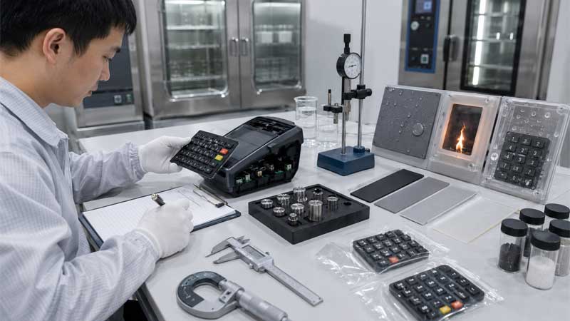 Engineer inspecting a POS terminal silicone keypad with dimensional tools and test samples in a quality control laboratory