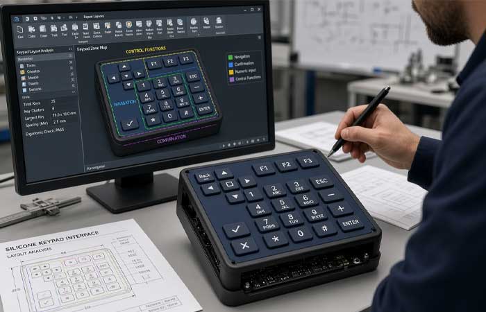 Engineer reviews a dark silicone keypad integrated into a compact control panel on a workstation while examining a CAD model of its functional zones on a nearby monitor
