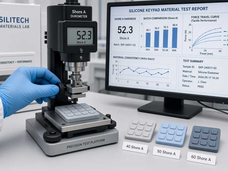 Engineer testing silicone keypad hardness using Shore A durometer on a precision platform with data monitor for Silicone Keypad Testing Services