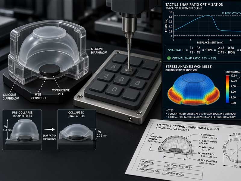 Engineering analysis of silicone keypad snap ratio with cutaway diaphragm model force curve and stress visualization for Silicone Keypad Testing Services