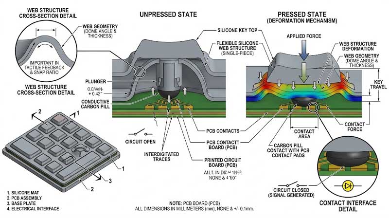 Engineering cutaway view of a silicone rubber keypad showing internal deformation mechanism silicone key tops flexible silicone web structure
