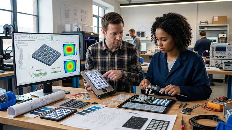 Engineers analyze illuminated prototypes of Backlit Silicone Keypads alongside CAD models on a workbench