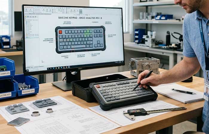 Engineers compare a silicone keypad prototype against a CAD design layout on a monitor at an engineering workstation