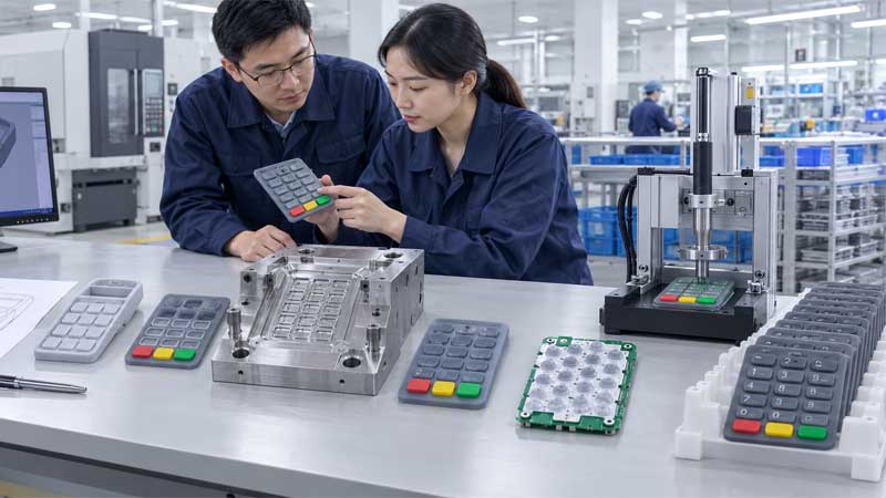 Engineers develop and inspect a POS terminal silicone keypad alongside prototypes molds PCB assemblies and testing equipment