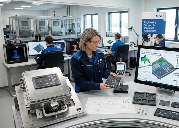 Engineers discuss silicone keypad DFM analysis and sealing structure models on a large screen in a product design lab