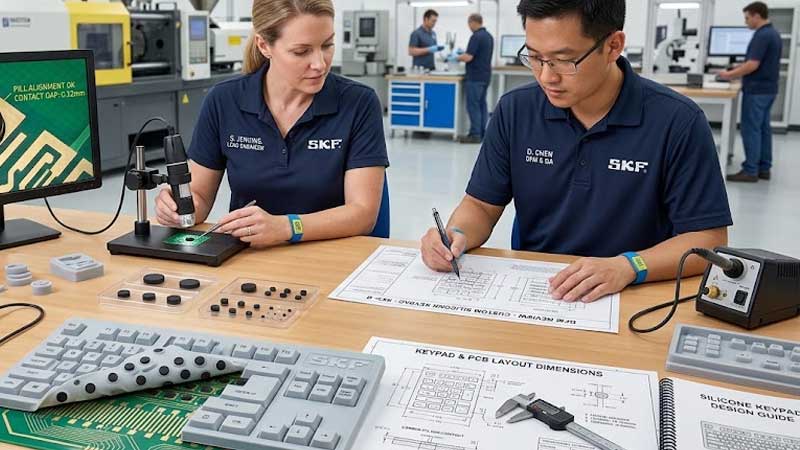 Engineers review DFM drawings and carbon pills alignment for silicone keypads on a workstation with PCB contact layouts