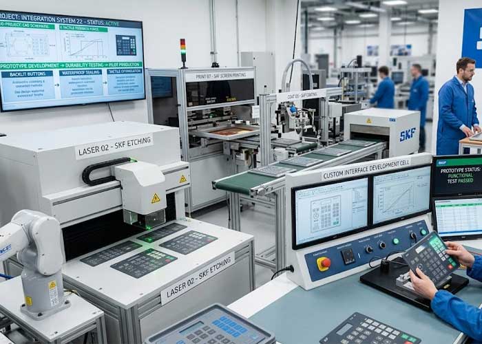 Engineers review custom silicone keypad prototypes and project status displays inside an industrial development facility