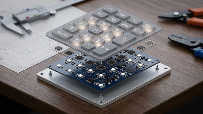 Exploded view showing Backlit Silicone Keypads assembled above a PCB board with carbon pills and LED components on a technical workstation