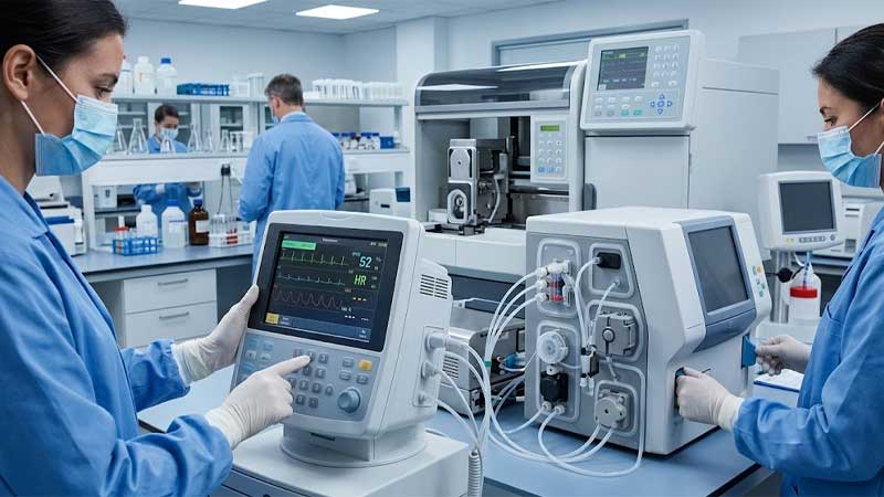 Healthcare professionals operate medical monitoring and diagnostic devices featuring silicone keypads and flexible tubing