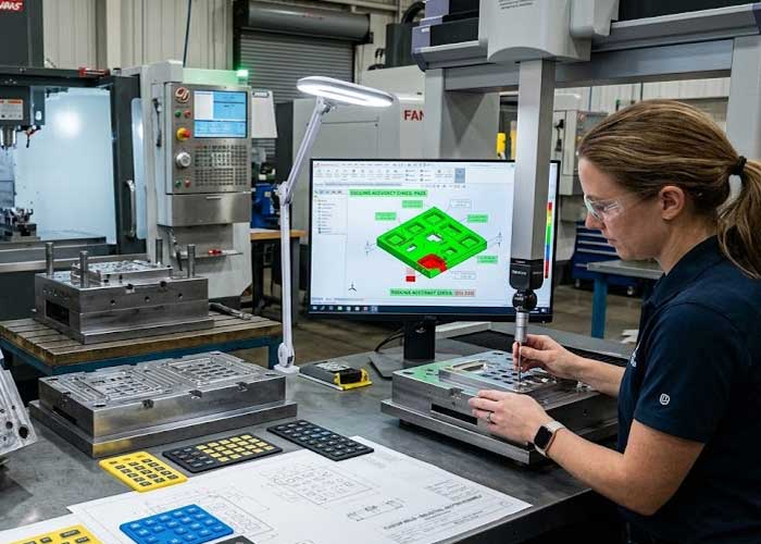 In a machine shop woman deburrs a mold component with a CAD model on a monitor