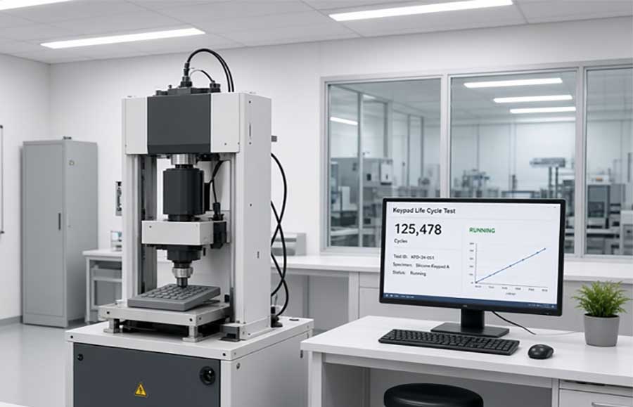 Laboratory with a silicone keypad mounted on a life cycle testing machine beside a monitor displaying running test data for Silicone Keypad Testing Services 1