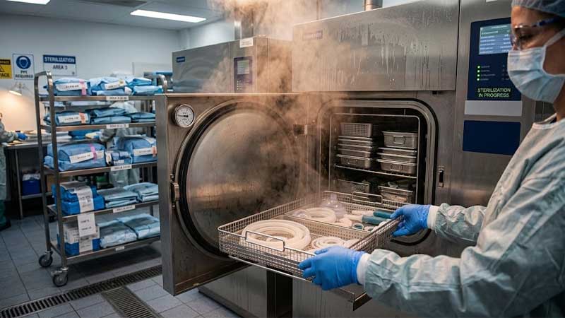Medical grade silicone seals and tubing in a wire basket being removed from an industrial autoclave steam sterilizer