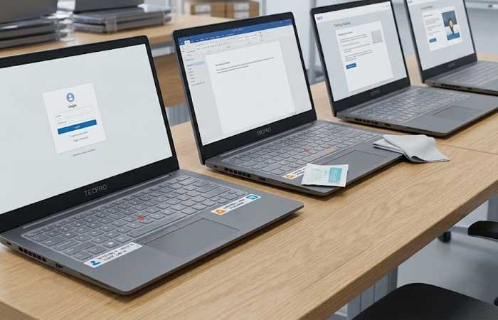 Multiple laptops equipped with a clear Silicone Laptop Keyboard Cover set up on desk in a clean training room