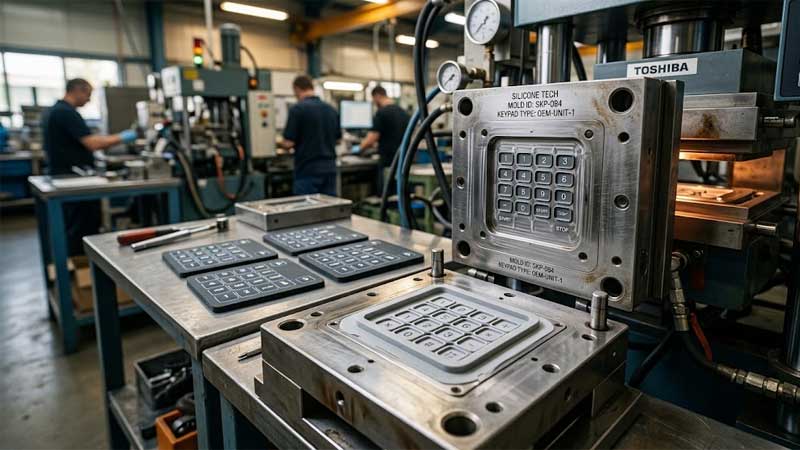 Open precision steel compression mold with molded silicone keypads on a factory workbench near heating equipment