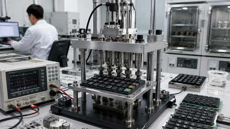 POS terminal silicone keypad undergoing automated durability and life cycle testing in an industrial laboratory