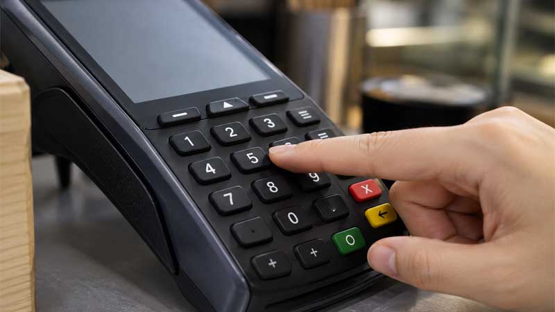 POS terminal silicone keypad with ergonomic key layout being pressed during everyday operation