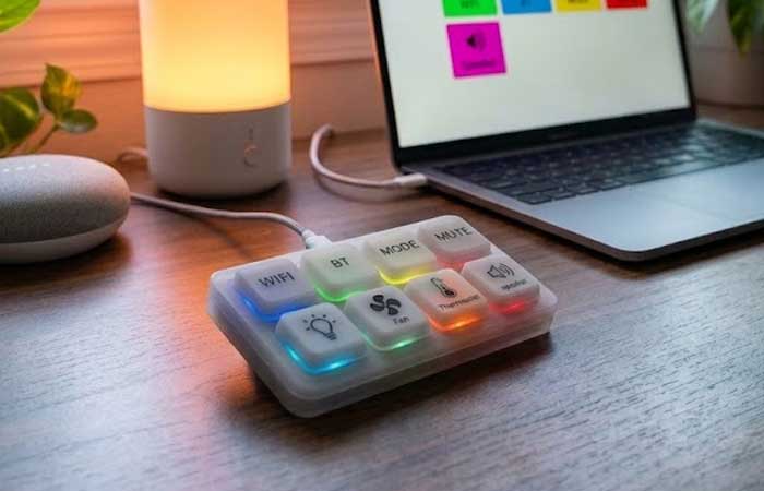 RGB silicone keypads with bottom edge lighting on a desk setup with smart home devices