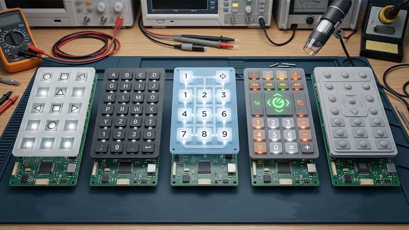 Side by side technical comparison of Backlit Silicone Keypads showcasing different optical designs and illumination structures on PCBs