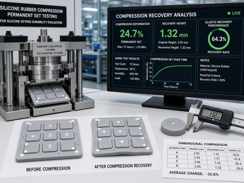 Silicone Keypad Testing Services lab with compression fixture on keypad before after samples and digital recovery analysis display