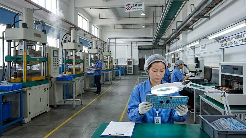 Silicone keypad factory production line workers inspecting silicone rubber keypad components molding machines and quality inspection equipment in background
