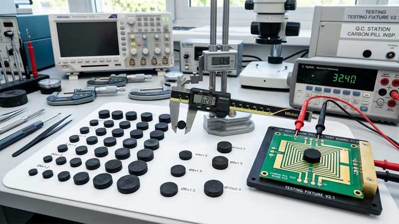 Silicone keypads carbon pills of various sizes arranged next to digital calipers and a PCB testing fixture in a lab