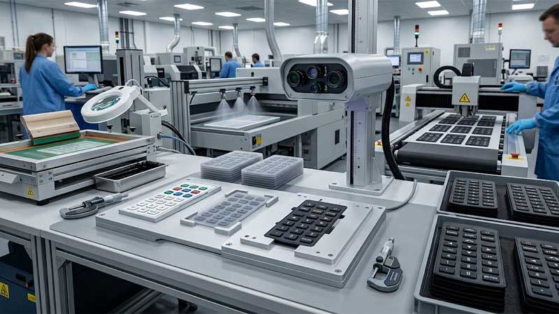 Silicone keypads on an inspection workstation with screen printing equipment and coating machinery in a clean factory setting