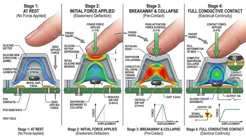 Step by step engineering illustration showing silicone rubber keypad pressing process
