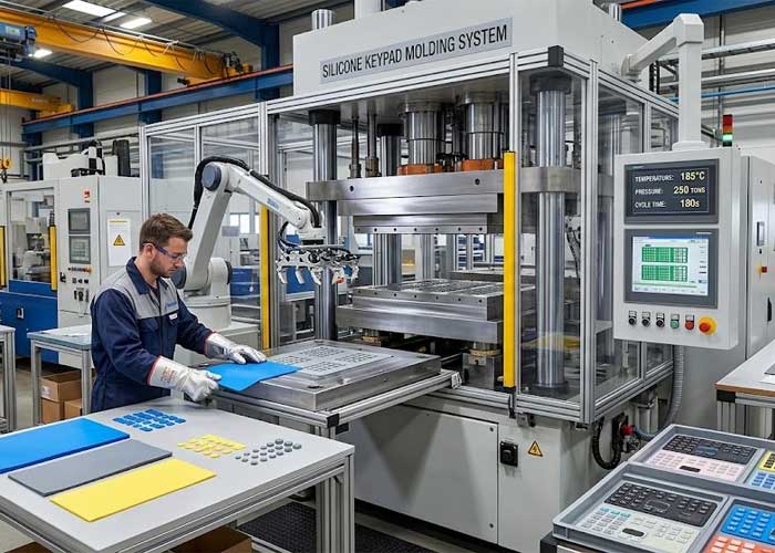 Technicians operate a large silicone keypad compression molding machine in a modern factory setting