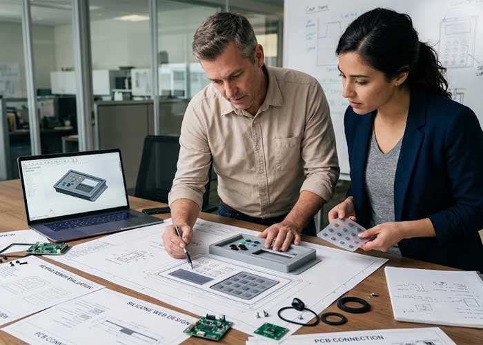 Two engineers review a CAD drawing and prototype parts for an Industrial Control Panel Silicone Keypad at a conference table