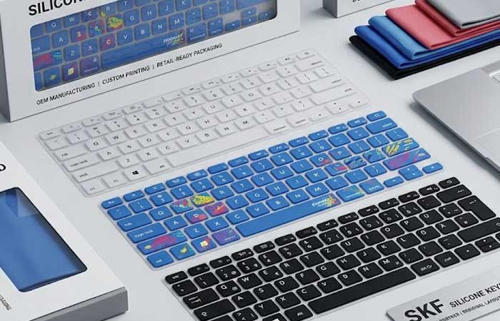 Various custom Silicone Laptop Keyboard Cover designs and retail packaging displayed on a desk beside an open laptop